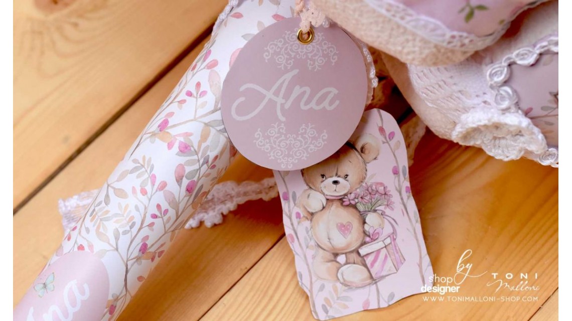 Lumanare de botez cu ursuleti roz, dantela roz si pattern floral cu trandafiri Teddy Bear Pink 14